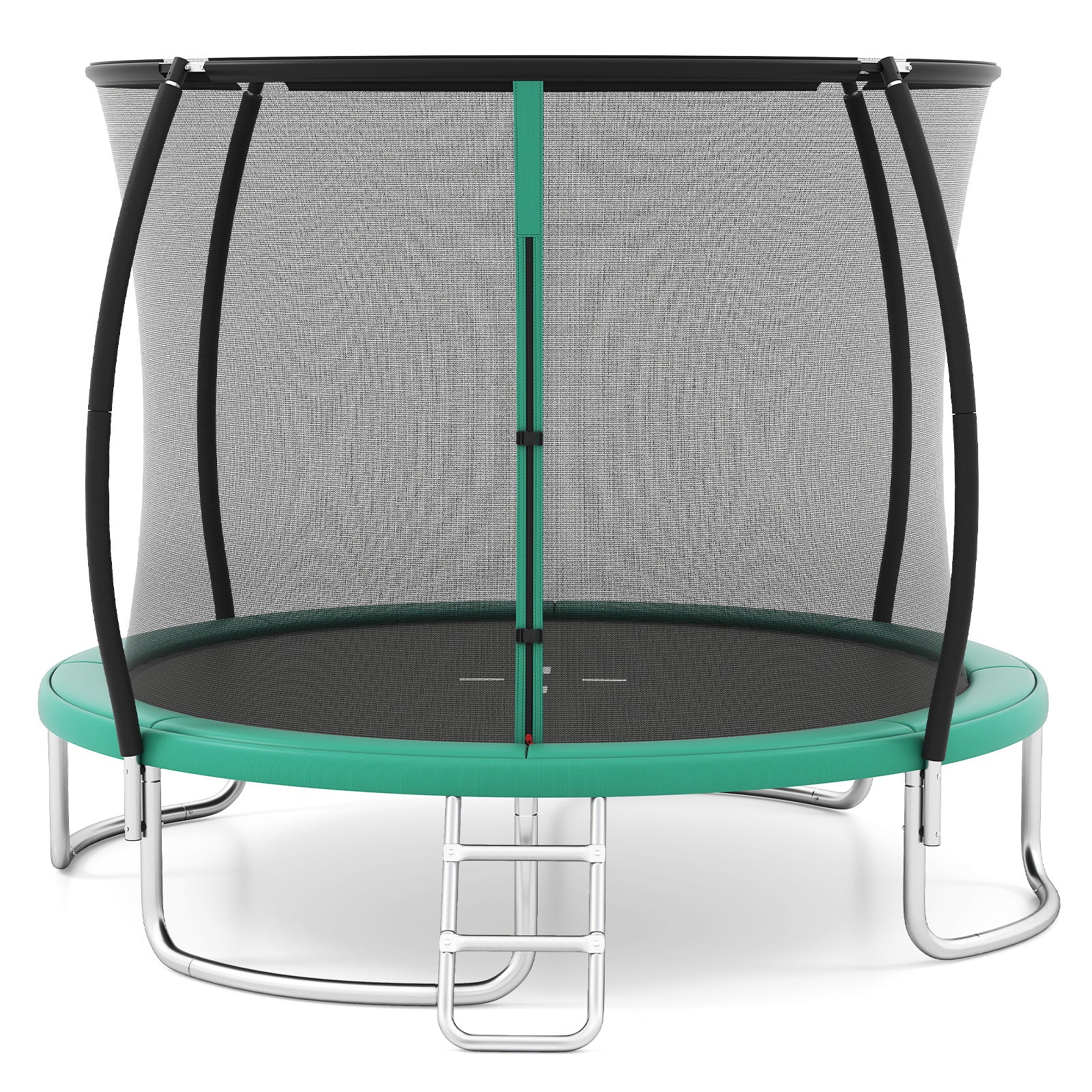 Trampolin – utomhus med stege, rund säkerhetsnät, kantöverdrag och metallram – Ø 305 cm – Grön