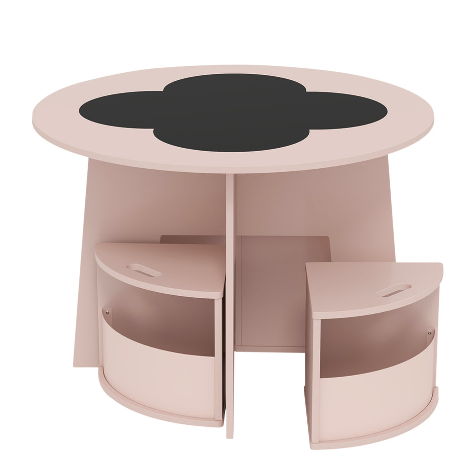 Barnbord – och stolset runt delad barnmöbelgrupp i trä med förvaringspallar – 5 4 – Rosa
