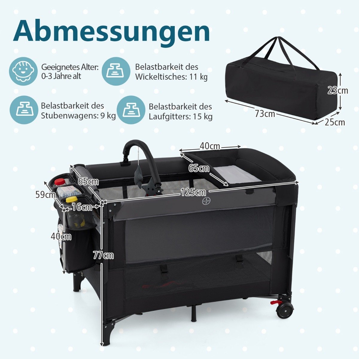 i – Baby Sängkläder Resesäng med madrass och skötbord myggnät lekhängare – 5 1 – Svart