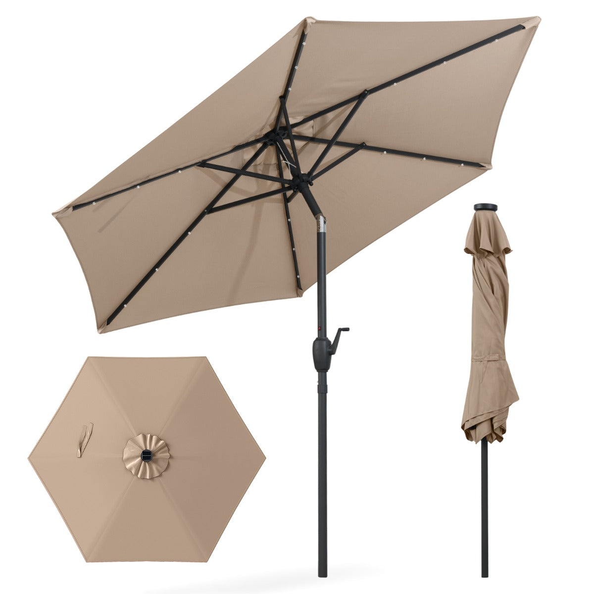 Parasoll – med LED solbelysning och vev, trädgårdsparasol, marknadsparasol – 230 cm – Ljusbrun