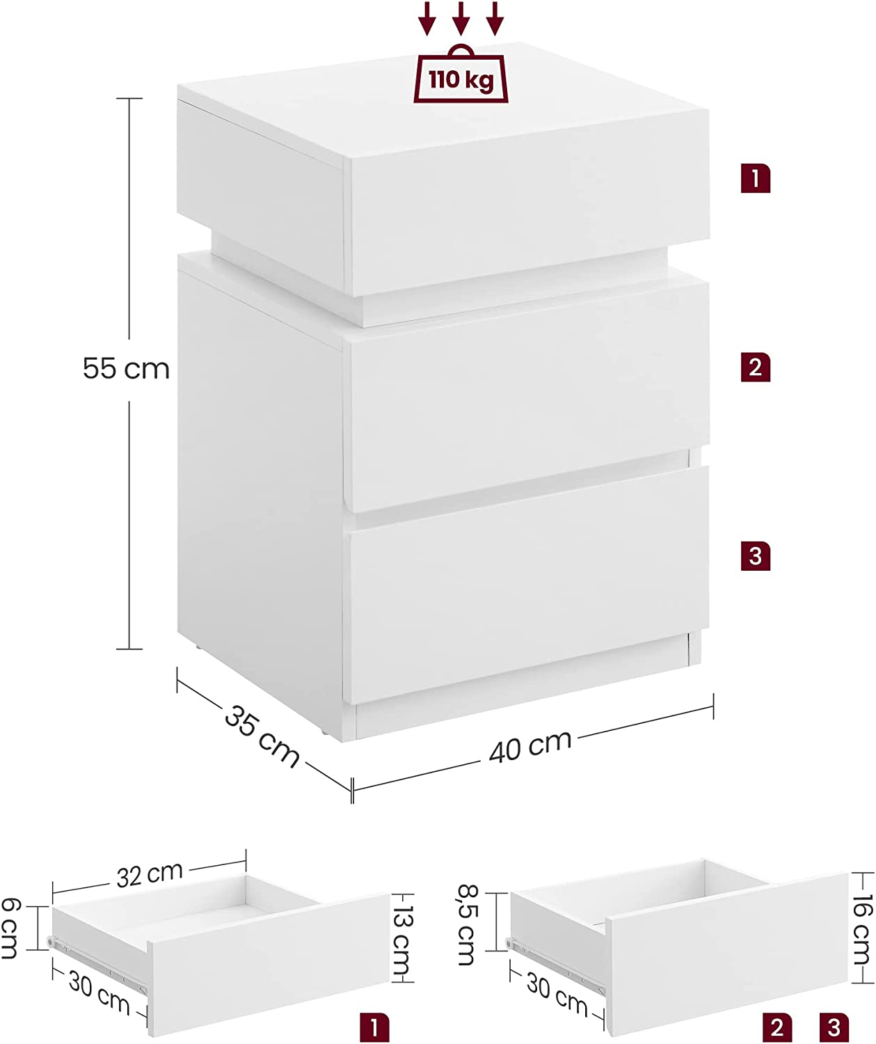 Nachtkastje - Bijzettafel - met LED verlichting - Verstelbare kleuren - Met 3 laden - Wit