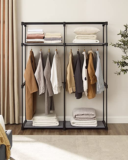 Stoffenkast – 2 kledingrails en 6 legplanken – Grijs