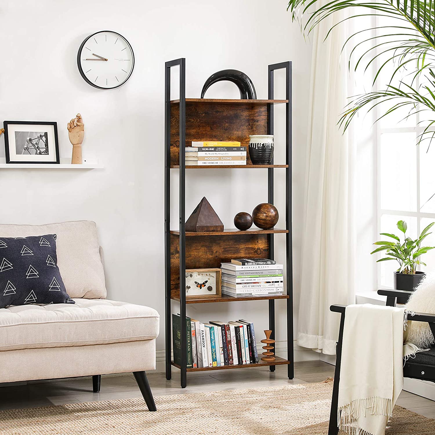 Boekenkast 5 planken – Vintage bruinzwart – 62 x 24 x 165 cm – Met kantelbeveiliging