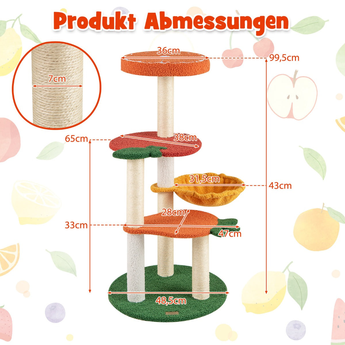 Klösträd – Litet Sött Frukttema Kattträd med Snurrbar Korg Sisal Klöspelare – 100 cm – Färgglad