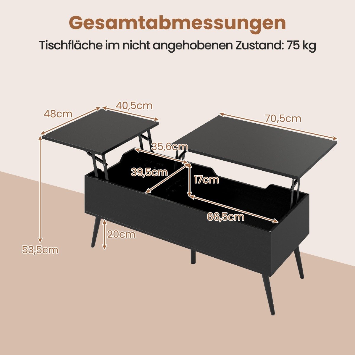 Höj – och sänkbar soffbord med lyftbar bordsskiva dolda förvaringsfack sidobord – 2 – Svart