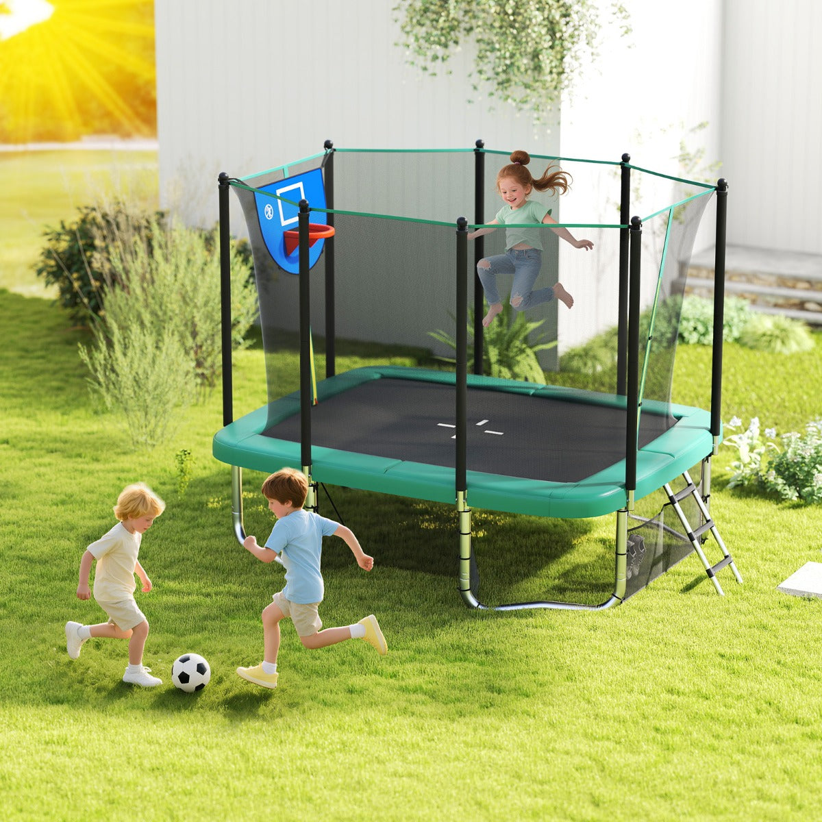 i – Rektangulärt Trampolin med Stege och Basketkorg Fotbollsmål – 3 1 – Grön