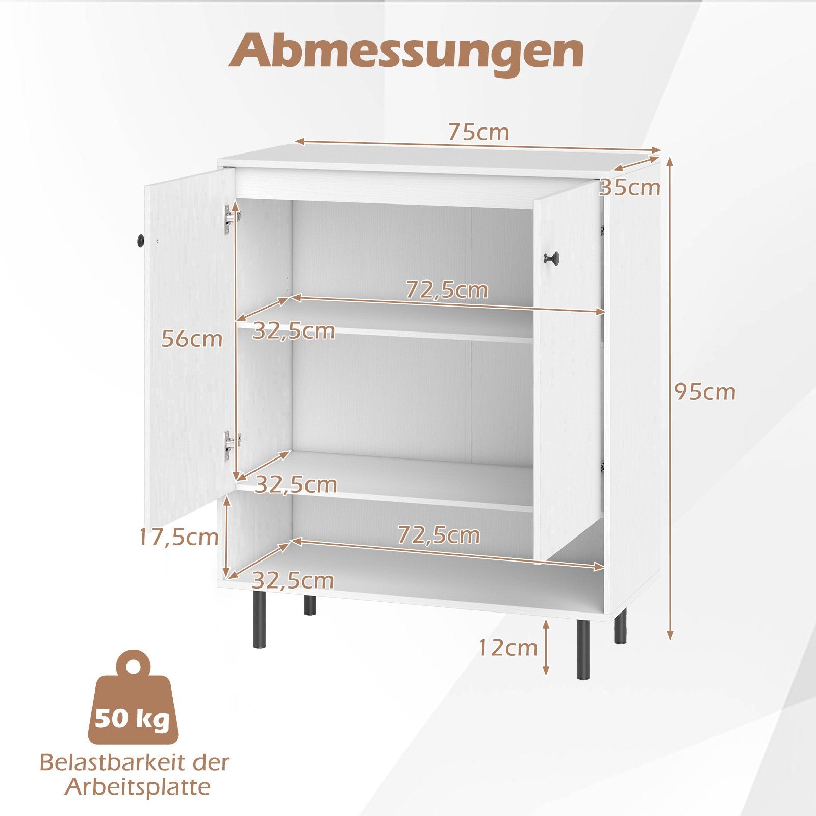 Sidoard – i trä med justerbara hyllor och dörrar, serveringsskåp, bufféskåp, köksskåp – 2 75 x 35 x 95 cm – Vit