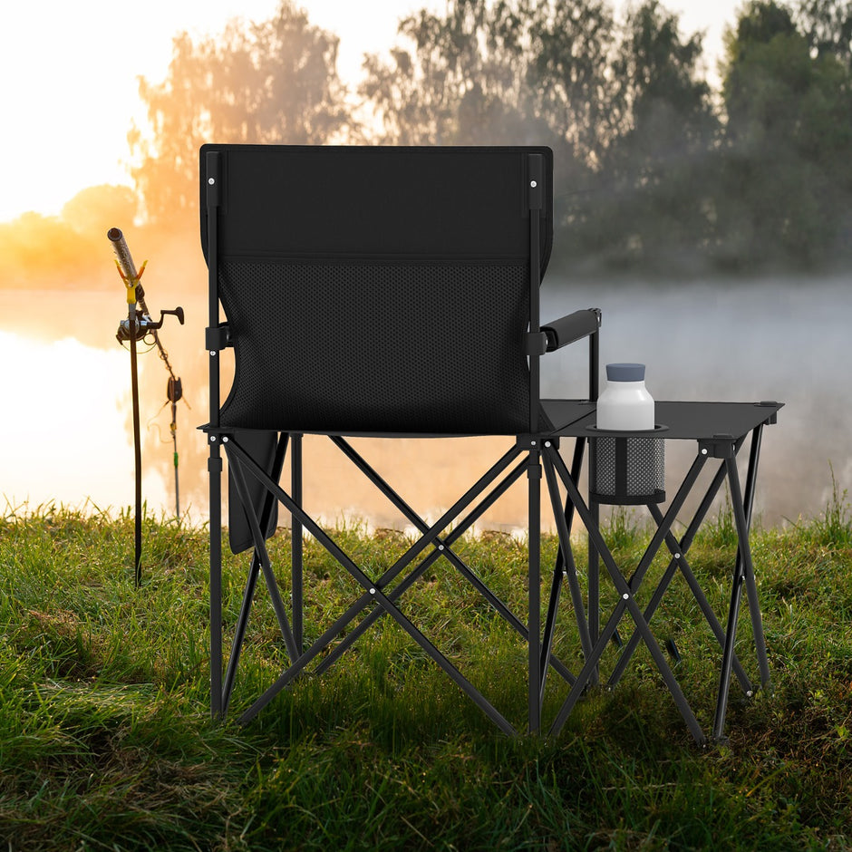 Fällbar – campingstol pack Klappstol med sidobord, mugghållare och sidoficka – 2 – Svart