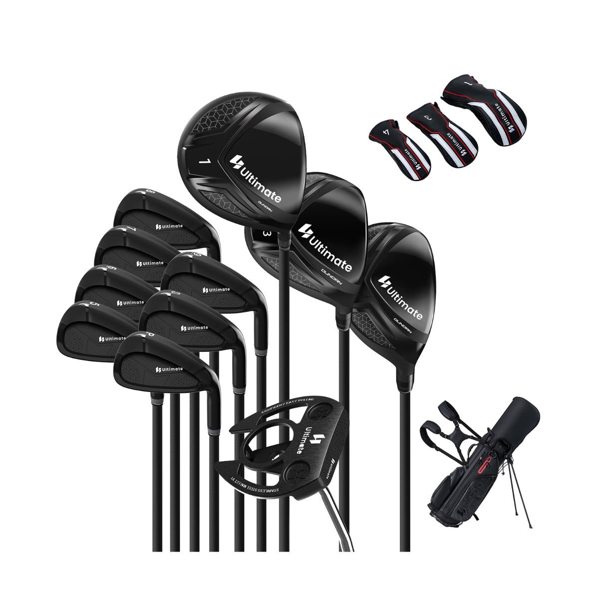 Del – Golfklubba Set för Högerhänt med Golfväska Stå bag – 11 – Svart