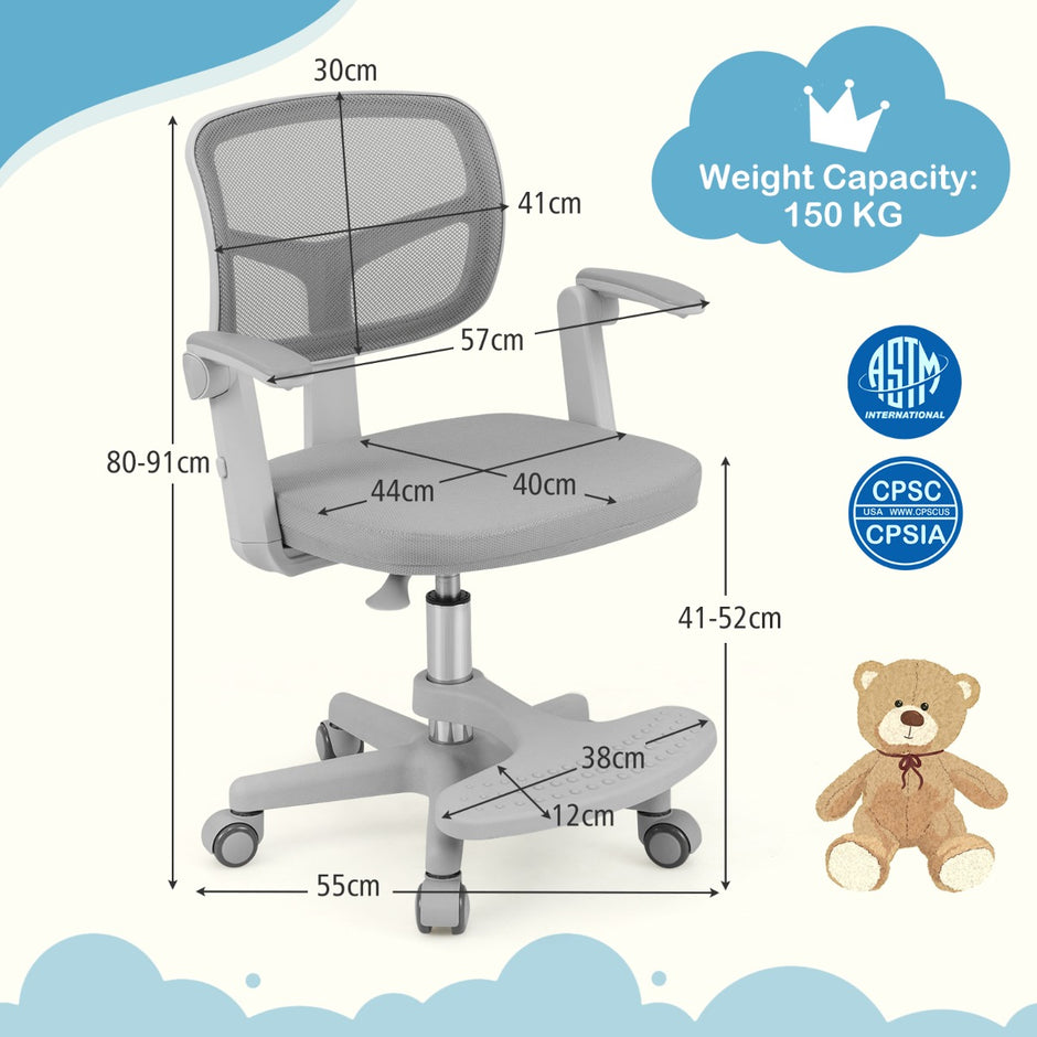 Barnskrivbordsstol – med höjdjusterbar sitthöjd Barnroterbar hjul – 41-52 cm – Grå