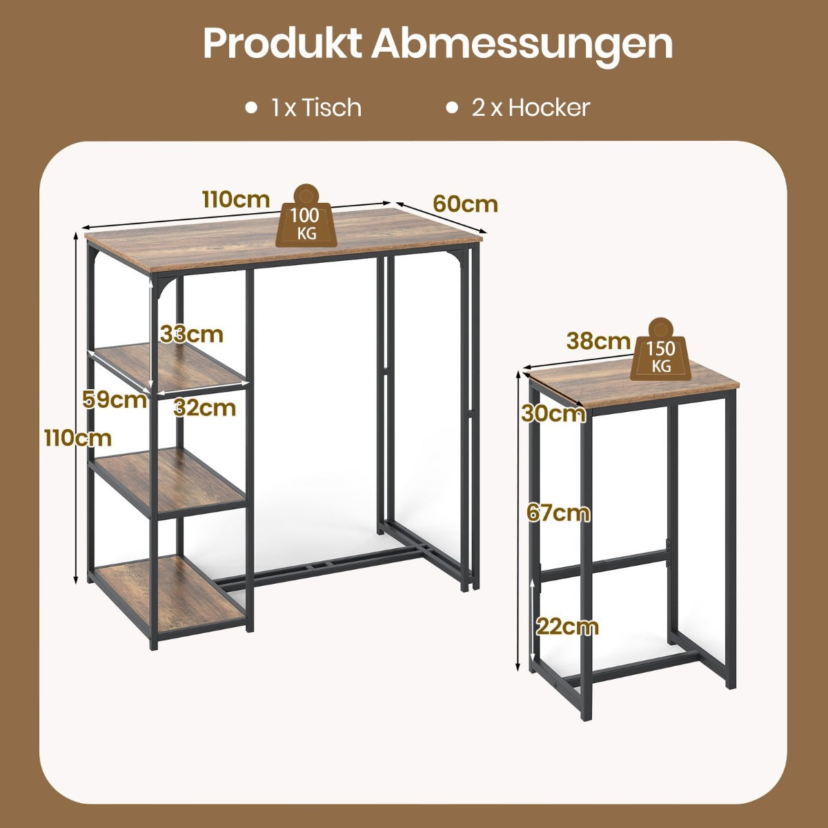 delat – barbordsset för personer Bistrobord med barstolar Matbord förvaringsfack Köksbord – 3 2 2 3 – Brun