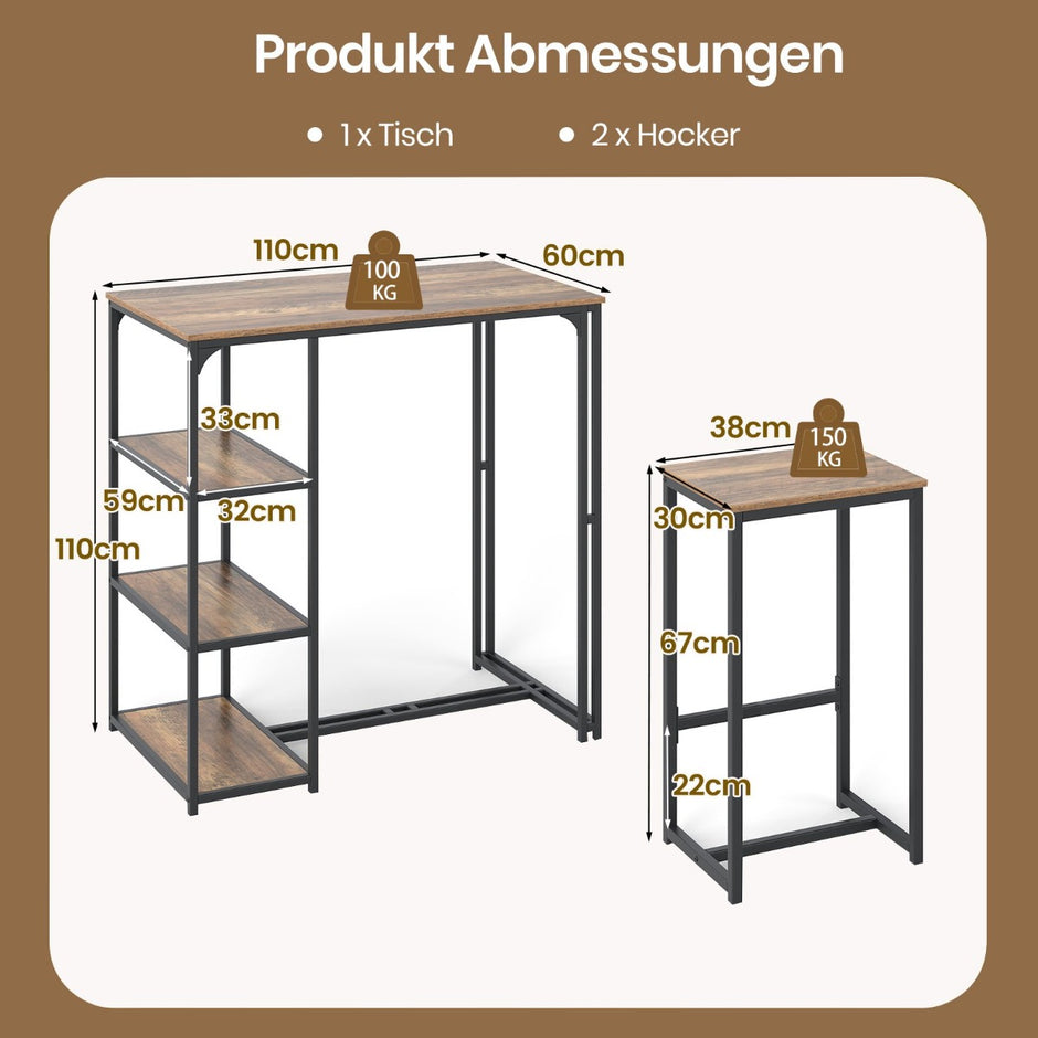 delat – barbordsset för personer Bistrobord med barstolar Matbord förvaringsfack Köksbord – 3 2 2 3 – Brun