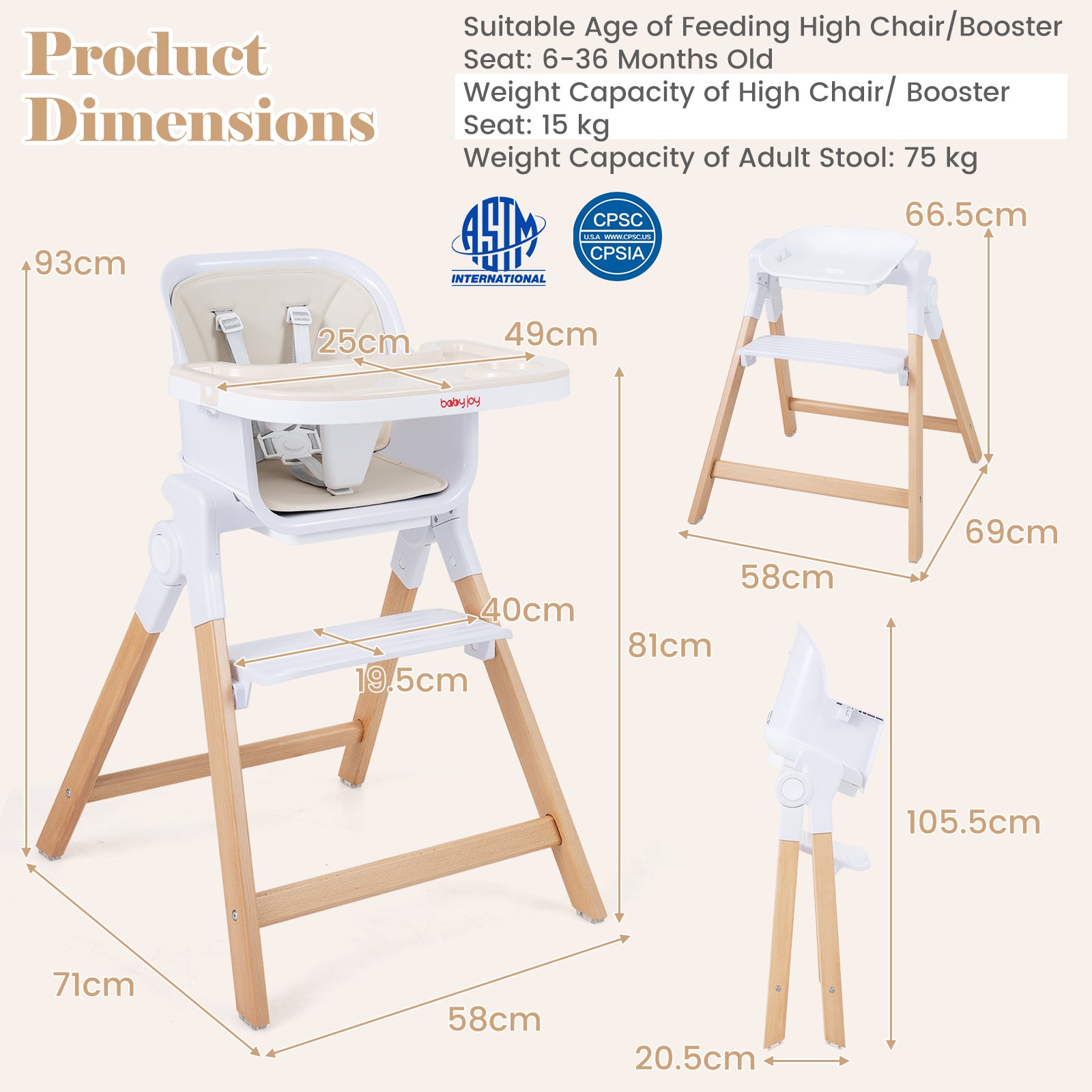 i – hopfällbar justerbar babyhögstol med matbricka – 4 1 71 x 58 x 93 cm