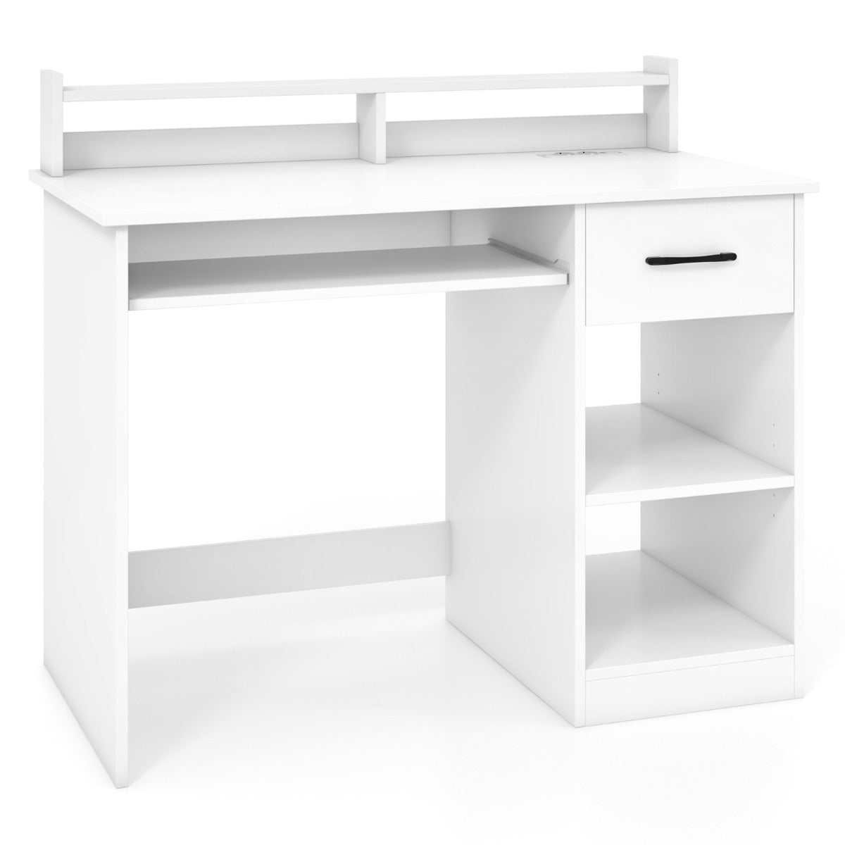 Skrivbord – med laddstation, tangentbordsutrymme, låda och justerbar hylla, – 105 x 55 x 89 cm – Vit