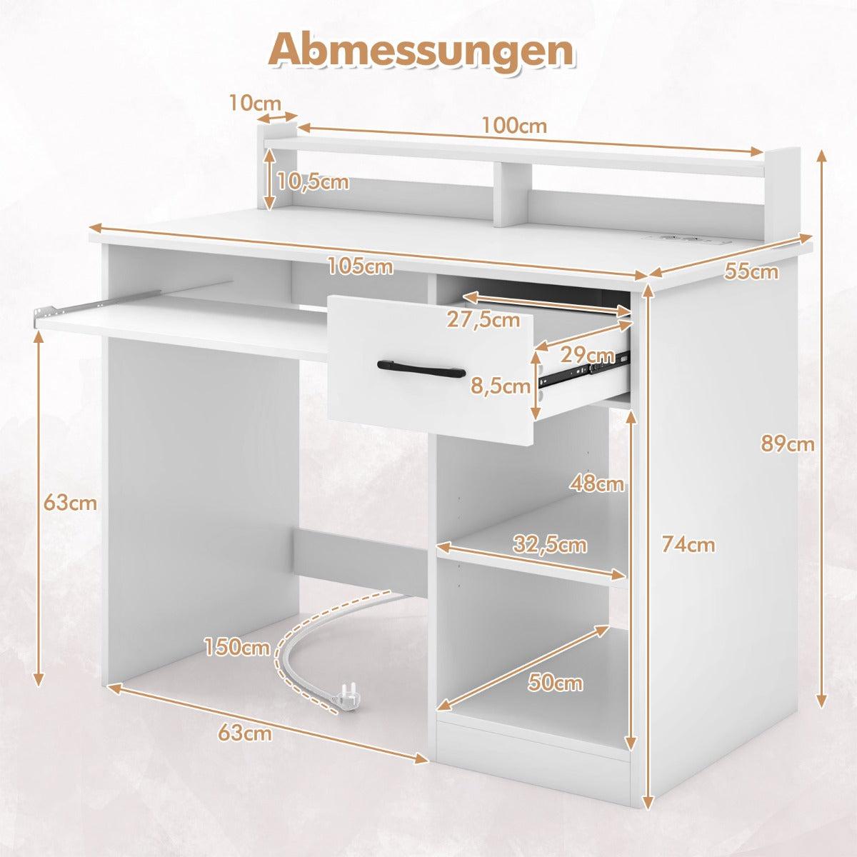 Skrivbord – med laddstation, tangentbordsutrymme, låda och justerbar hylla, – 105 x 55 x 89 cm – Vit