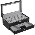 Horlogebox – met lade – 12 horloges – sieradenvak – glazen deksel – zwart