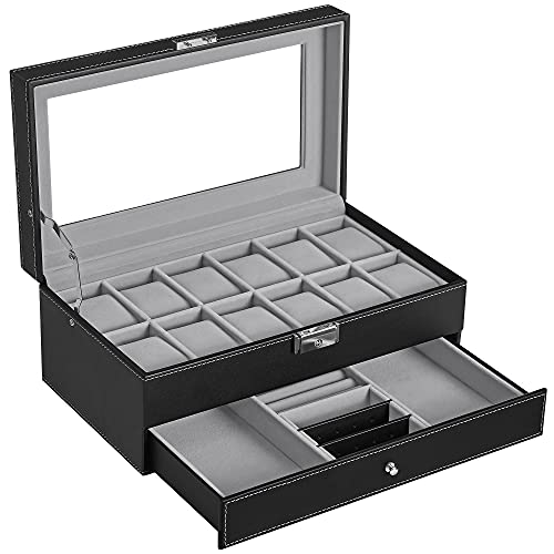 Horlogebox – met lade – 12 horloges – sieradenvak – glazen deksel – zwart