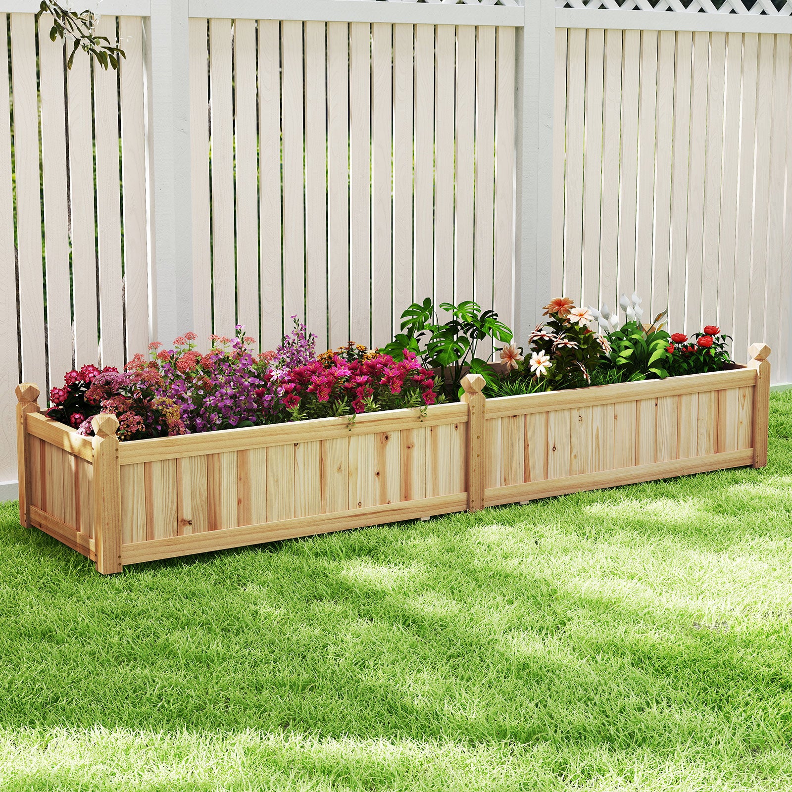 Blomlåda – Högbädd Trä Planteringslåda med Avskiljare Dräneringshål och Vävnadsfolie Trädgårdsbädd Planteringsbädd – 227 x 59,5 x 40 cm – Natur