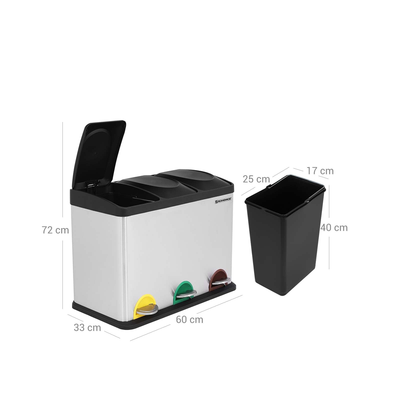 Prullenbak met 3 x 15 L compartimenten – Uitneembare binnenemmers – Geurbeheersing