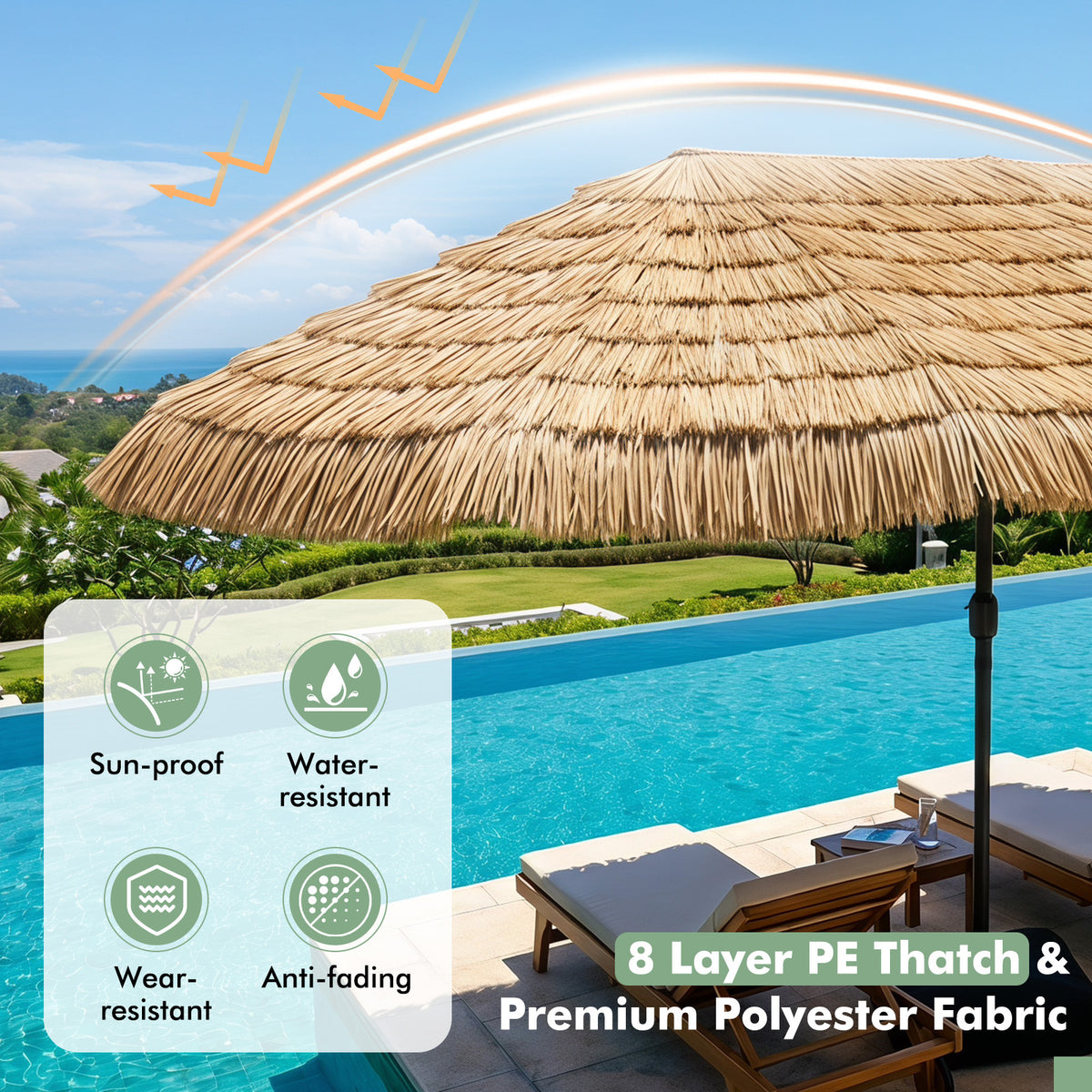 Parasoll – i hawaiisk stil med stativ halmtak, vev och metallribbor – 12 450 cm – Brun