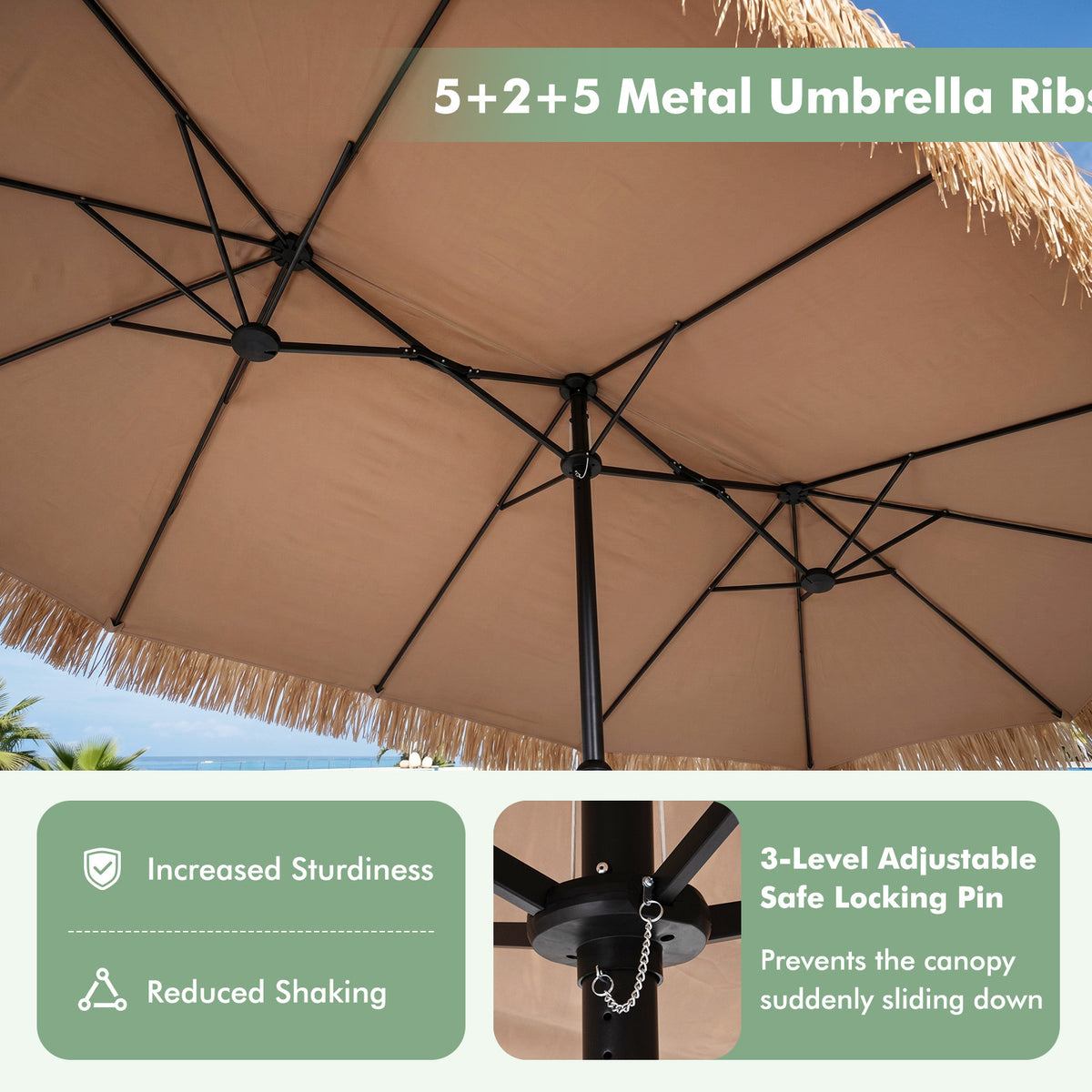 Parasoll – i hawaiisk stil med stativ halmtak, vev och metallribbor – 12 450 cm – Brun