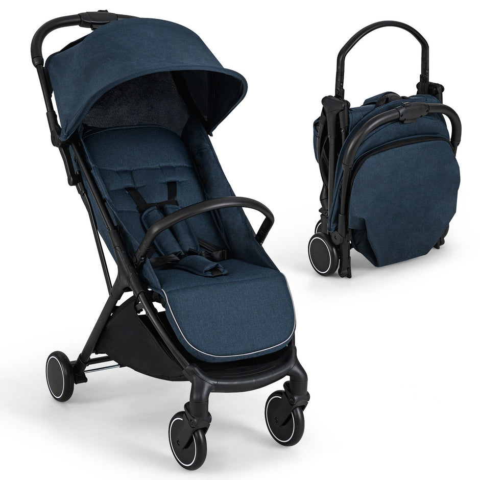 Hopfällbar – barnvagn resebuggy med liggfunktion barnbuggy bärbar justerbart ryggstöd upp till belastning – 15 kg – Blå