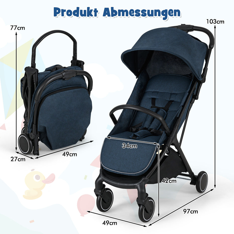Hopfällbar – barnvagn resebuggy med liggfunktion barnbuggy bärbar justerbart ryggstöd upp till belastning – 15 kg – Blå