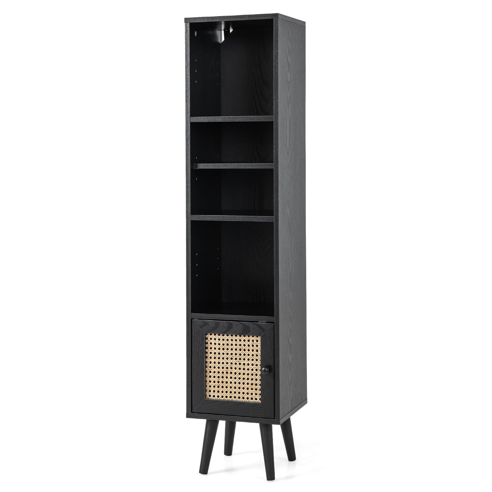 Rattanskåp – bokhylla med hyllor och rattandörr kommod Boho stil – 4 – Svart