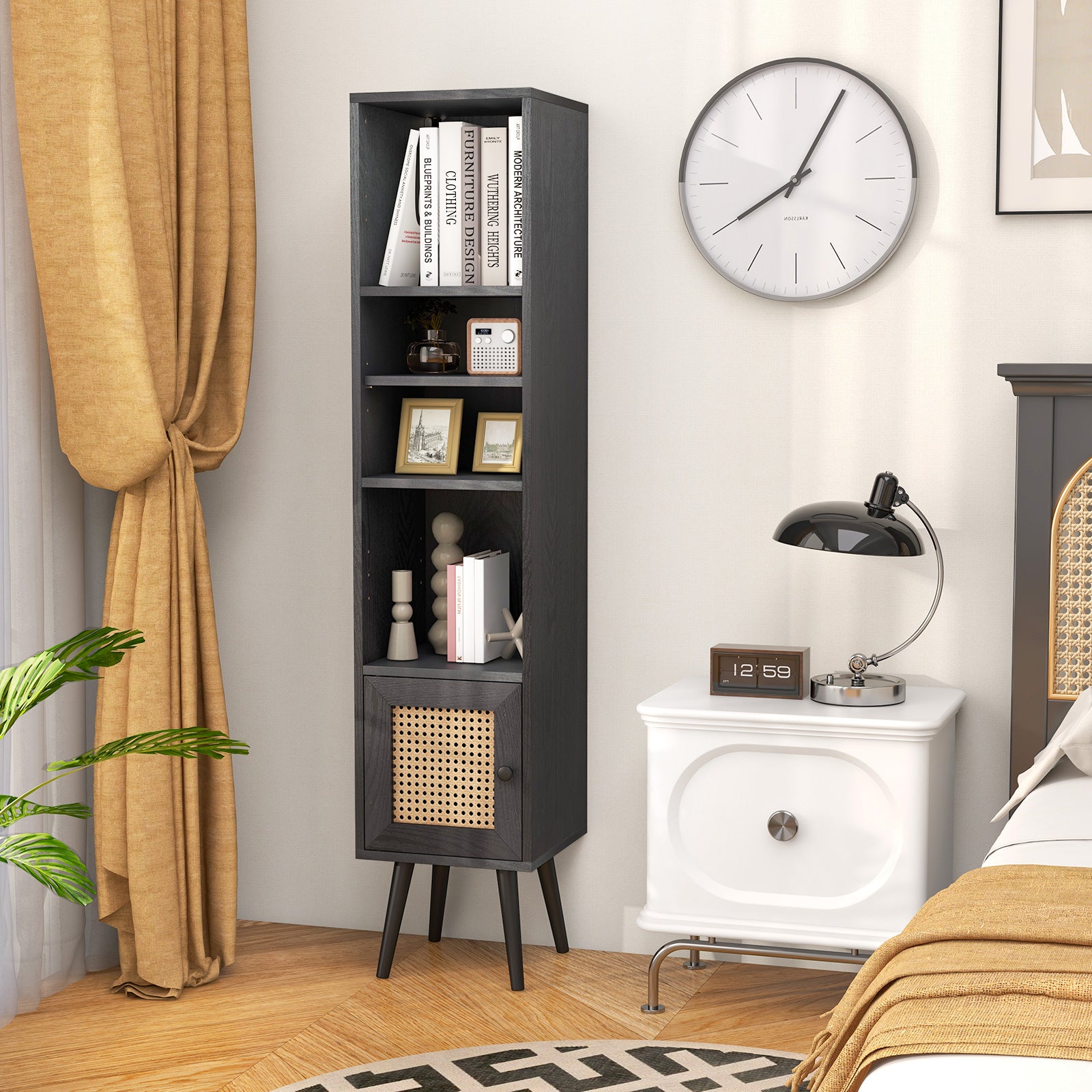 Rattanskåp – bokhylla med hyllor och rattandörr kommod Boho stil – 4 – Svart