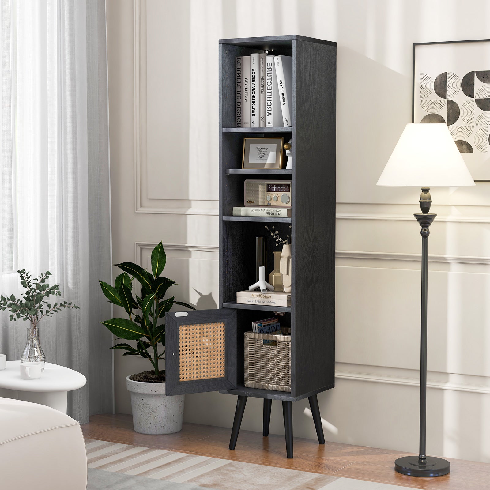 Rattanskåp – bokhylla med hyllor och rattandörr kommod Boho stil – 4 – Svart