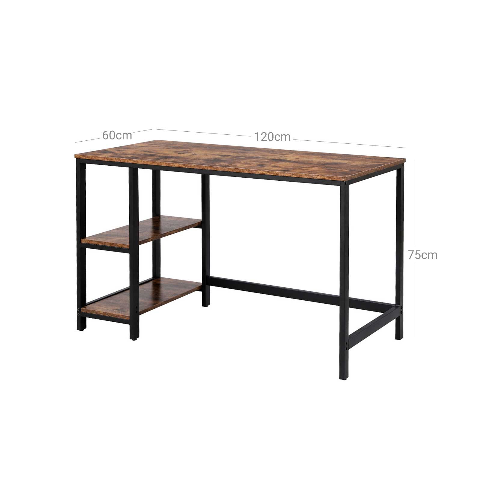 Bureau - PC-tafel met 2 legplanken - Links of rechts monteerbaar - 120 x 60 x 75 cm