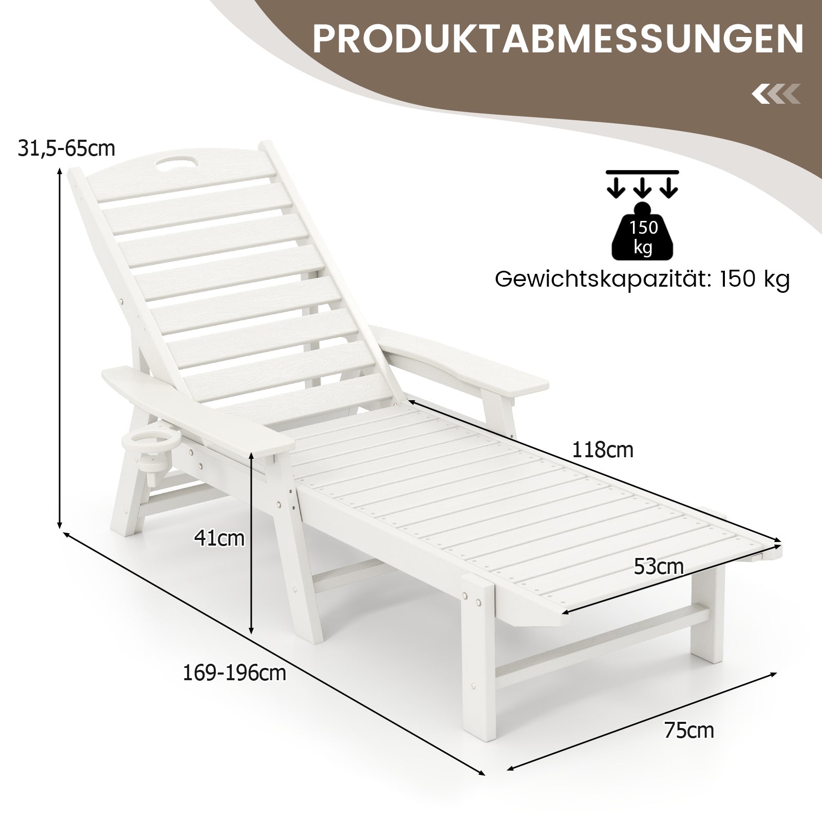 Liggstol – HDPE Utomhus med vägs justerbart ryggstöd och svängbart dryckeshållare – 4 – Vit
