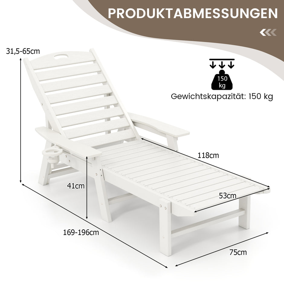 Liggstol – HDPE Utomhus med vägs justerbart ryggstöd och svängbart dryckeshållare – 4 – Vit