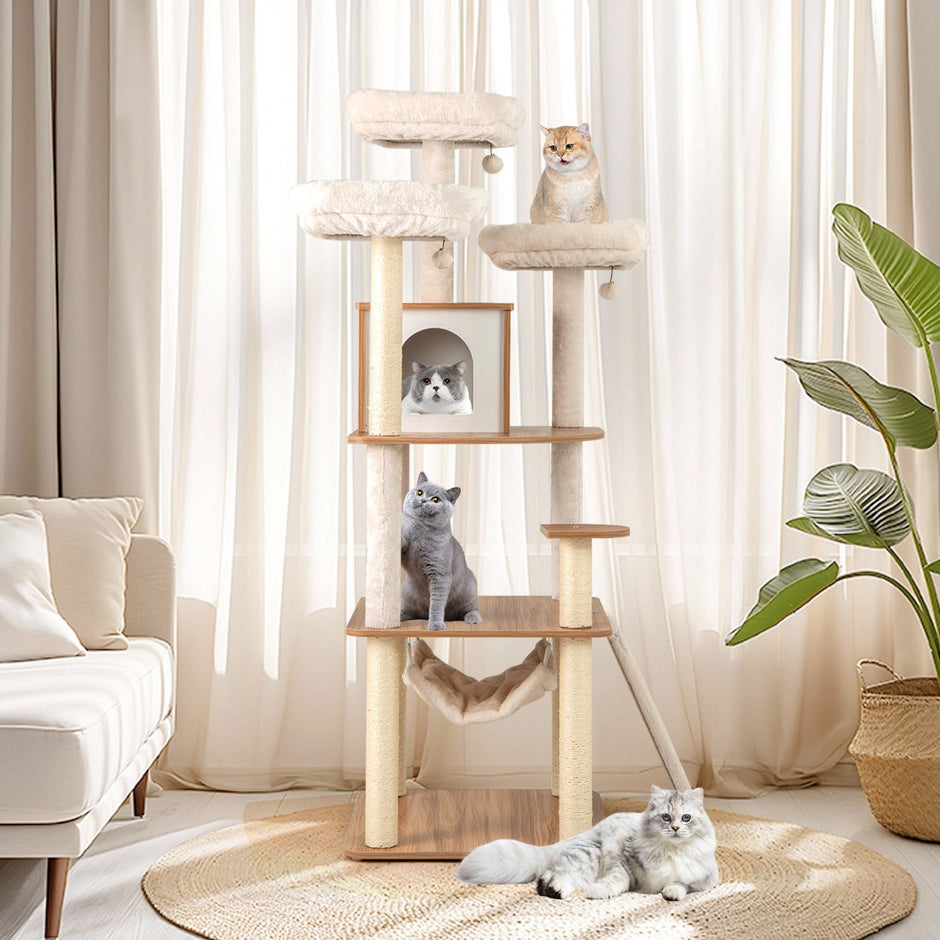 Trä – kattklösträd med håla och stege mattor bollar hängmatta – 168 cm – Natur