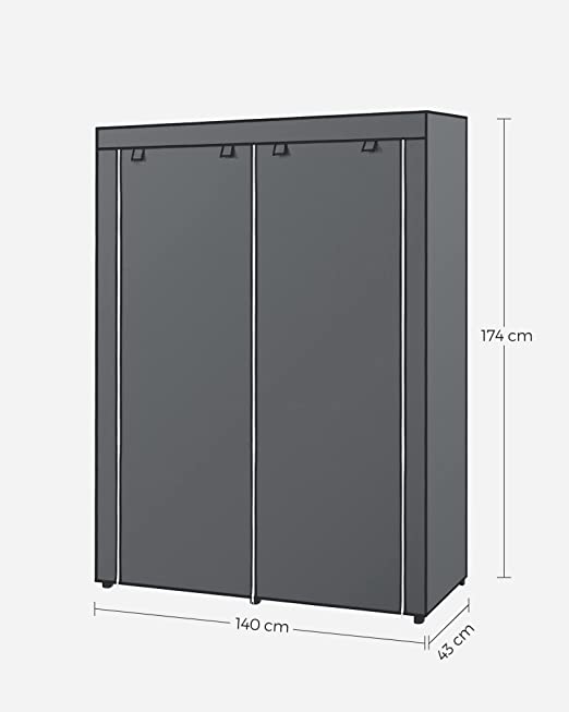 Stoffenkast – 2 kledingrails en 6 legplanken – Grijs