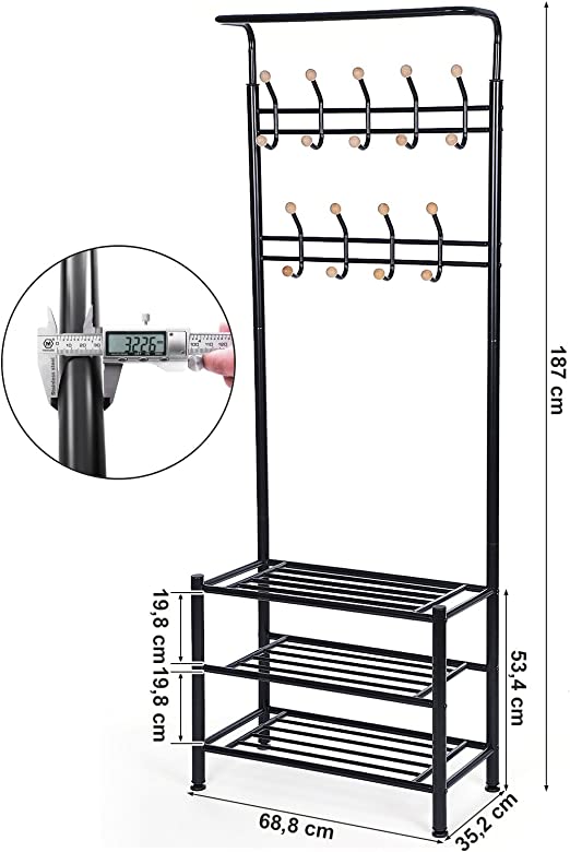 Kapstok met 18 haken en 3 schoenenrekken - staal - zwart