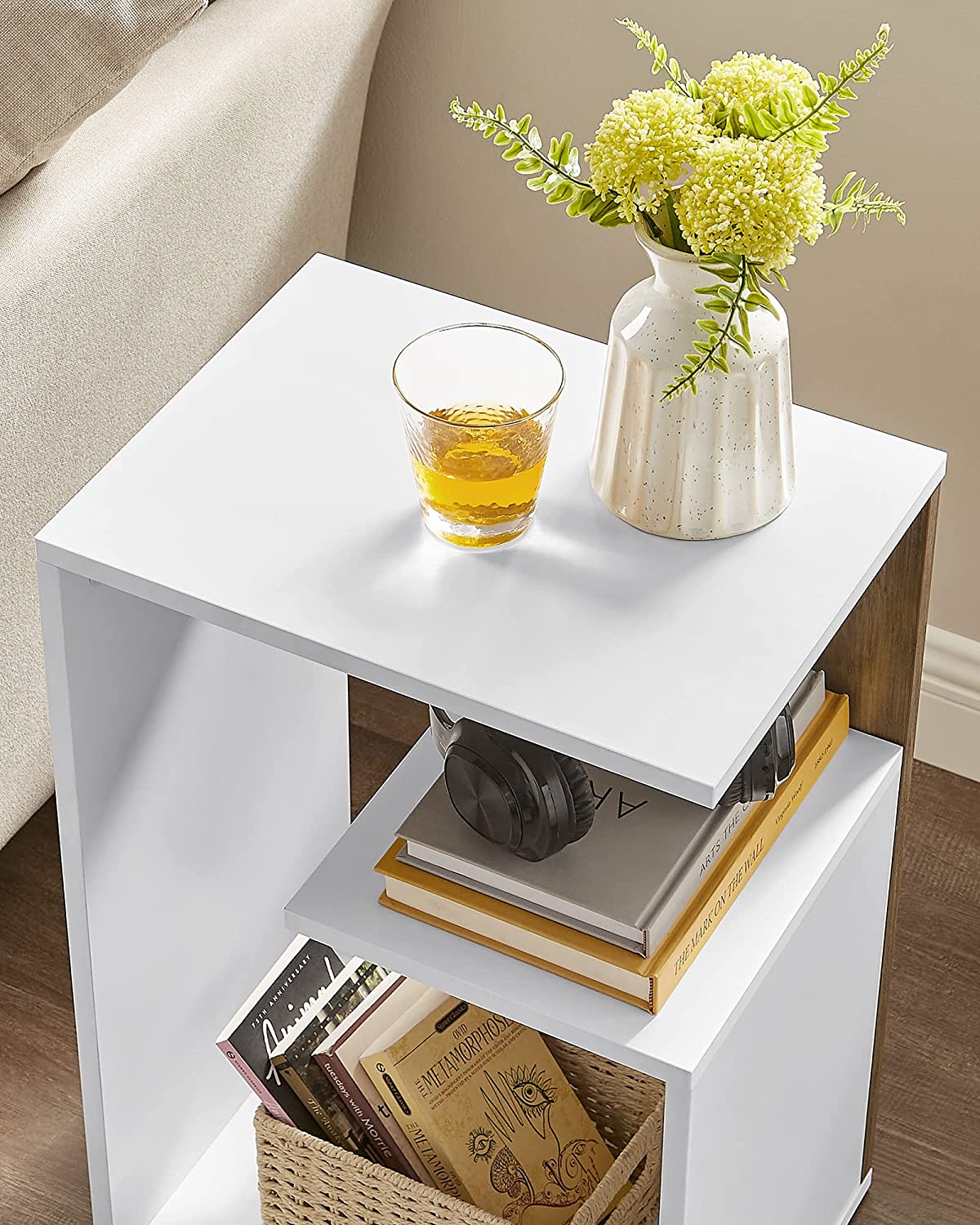 Nachtkastje – Modern ontwerp – 30 x 40 x 60 cm – Walnootbruin-wit – Spaanplaat