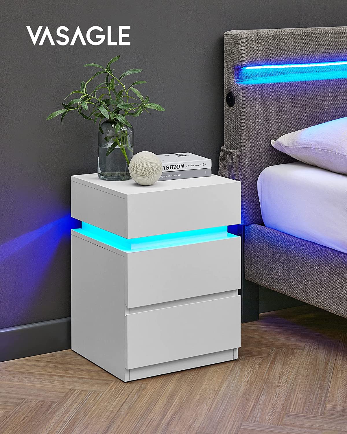 Nachtkastje met LED verlichting en 3 laden - Wit