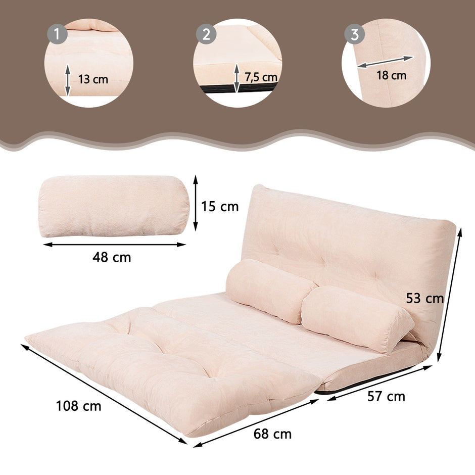 Ihopfällbar – Golvsoffa Sofa säng med Kudd och Ryggstöd steg Inställningsbar Golvfåtölj – 2 6 – Beige