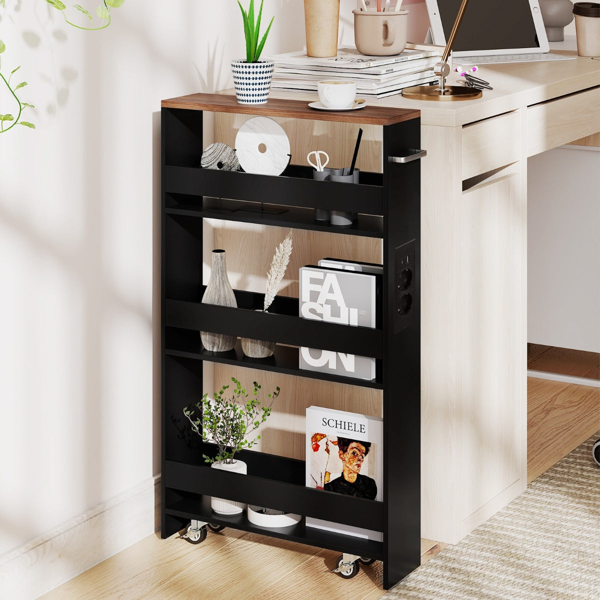 Smal – förvaringsvagn med laddningsstation stegs rullbar köksvagn handtag + vintagebrun – 4 13 cm – Brun + svart