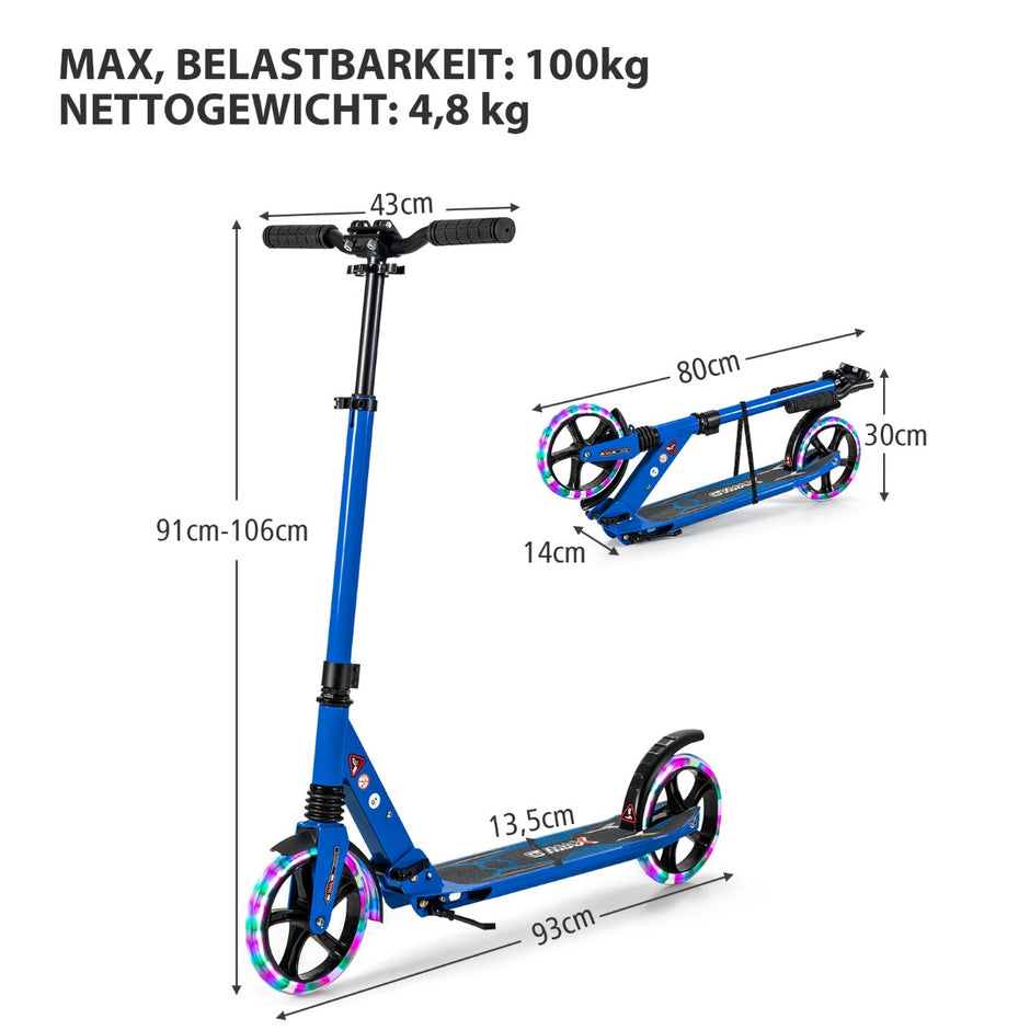 Barnsparkcykel – hopfällbar med belysning, höjdjusterbar bärrem – Blå