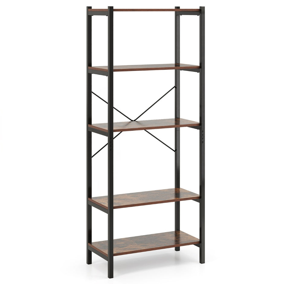 stegs – bokhylla fristående industriell i trä med metallram – 5 66 x 34 x 161 cm – Rustik brun