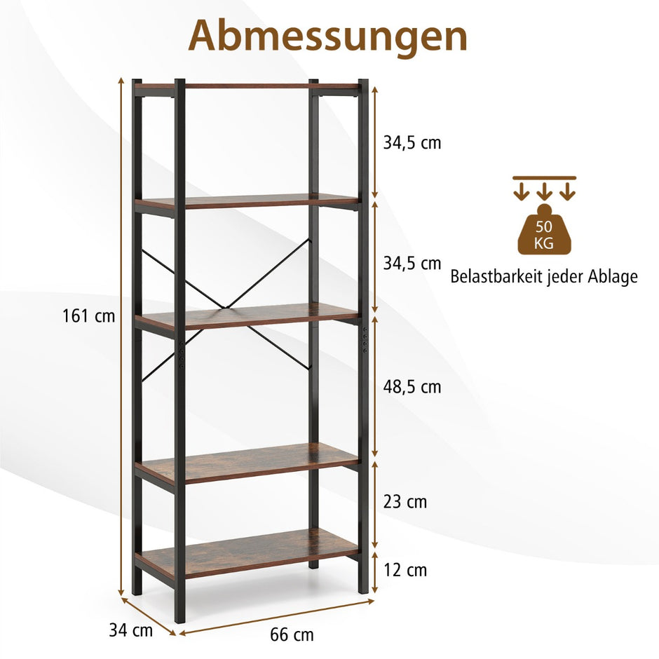 stegs – bokhylla fristående industriell i trä med metallram – 5 66 x 34 x 161 cm – Rustik brun