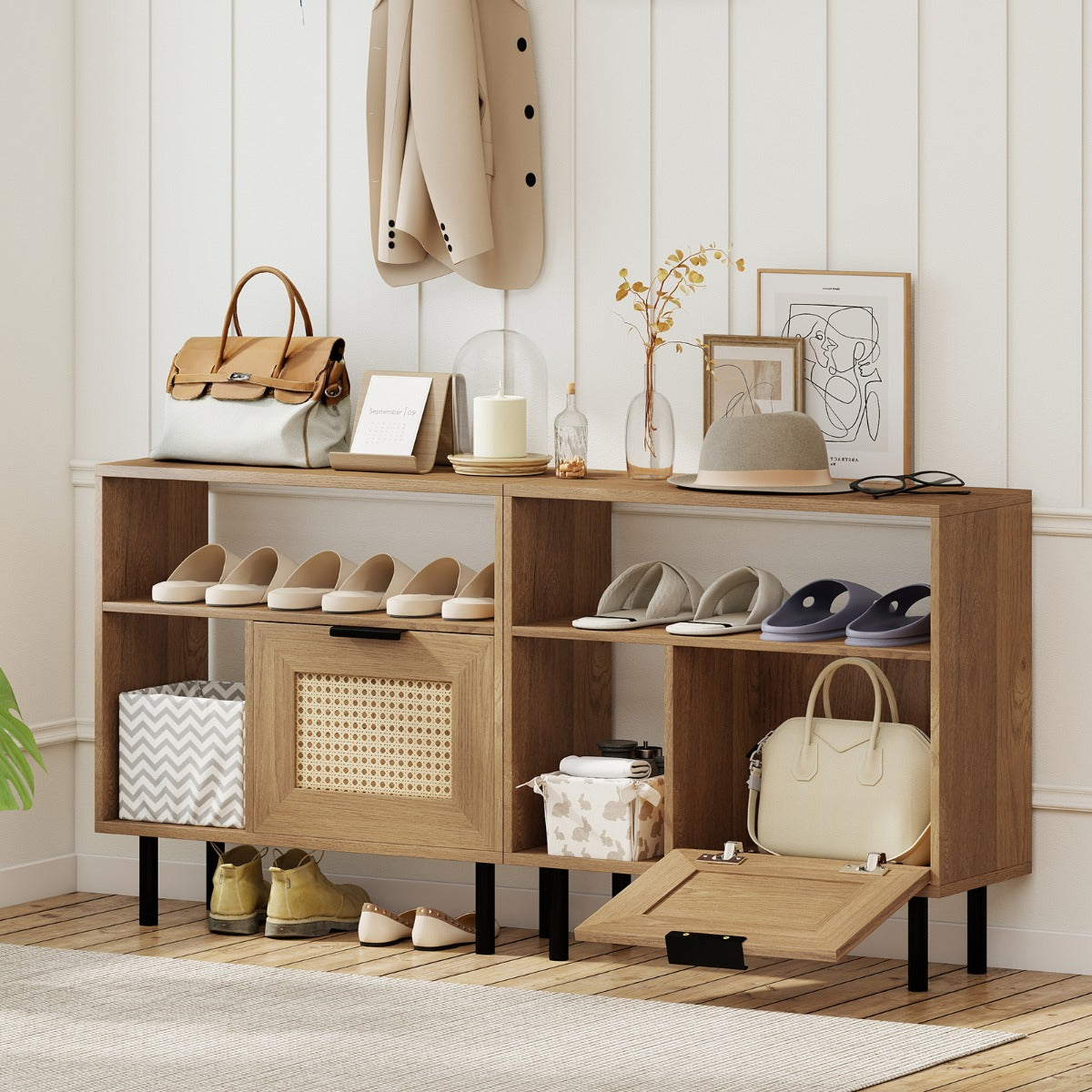 Boho – Rottan Nattduksbord Accent Sidobord med Förvaringsfack Skåp och Metallben Rustikal – Natur