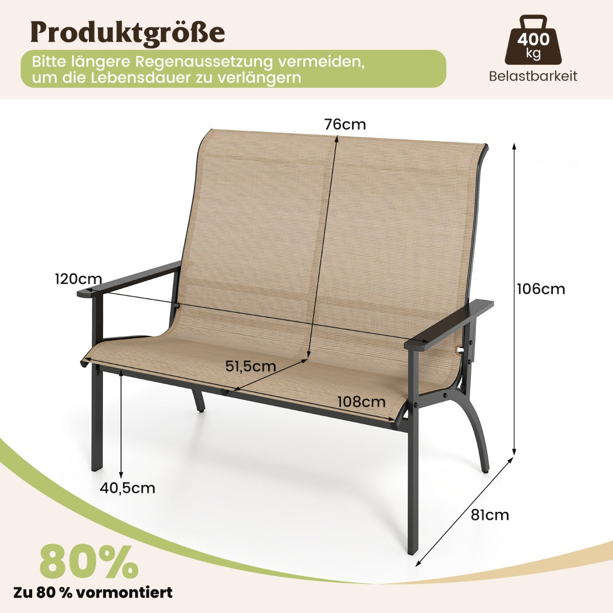 Väderbeständig – trädgårdsbänk med hög ryggstöd och armstöd, sits en belastning på upp till kg, cm. – 2 400 120 x 81 x 106 – Kaffe