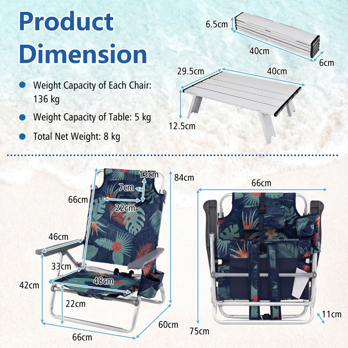Set – Strandstolar Med Bord Vikbara Campingstolar Justerbart Ryggstöd och Gräs – 2 – Blommor