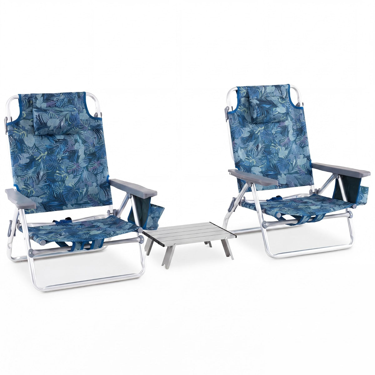 Set – Strandstolar Med Bord Vikbara Campingstolar Justerbart Ryggstöd – 2 – Marinblå