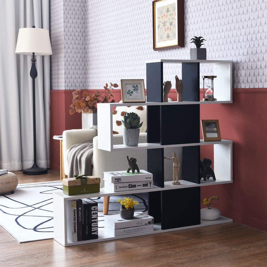 Modern – rumsavdelare i trä i våningsstil för böcker och – 5 120 x 19,5 x 109 cm – Svart och vit
