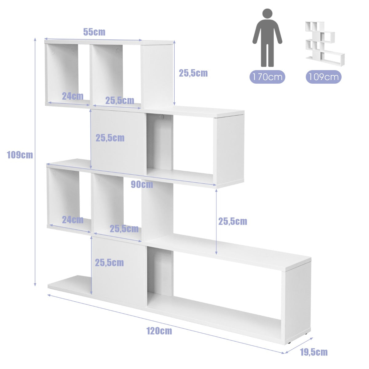 Modern – lagers stegestil rumsavdelare i trä för böcker – 5 120 x 19,5 x 109 cm – Vit