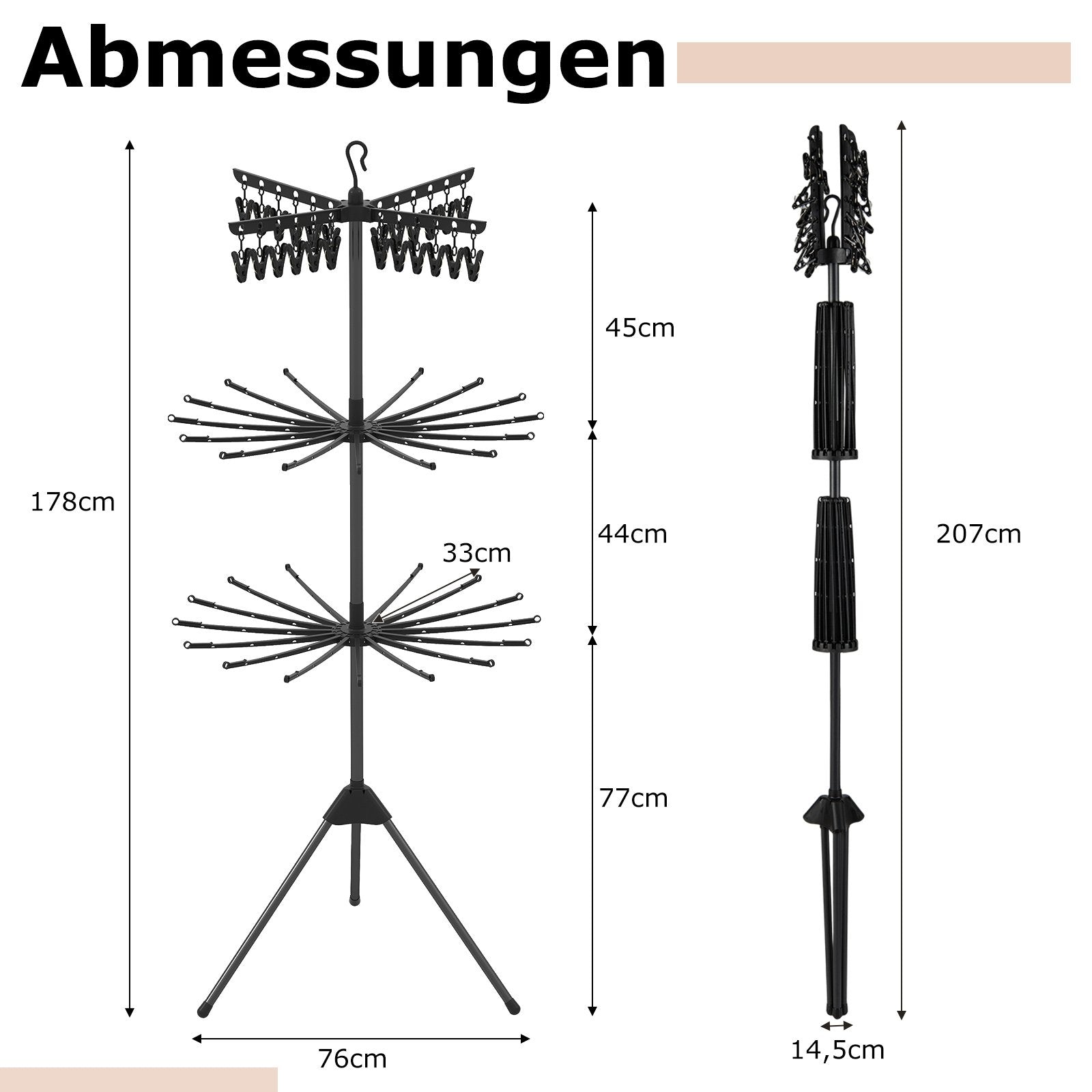 stegs – hopfällbar tvättställ fristående trebenstork med klipp och stänger – 3 178 cm 24 32 – Svart